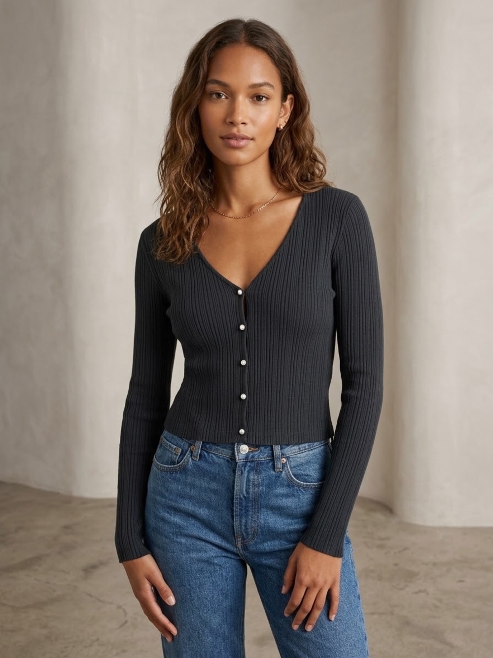 VINCE Ribbed Knit Pearl-Button V-Neck Cardigan Size S